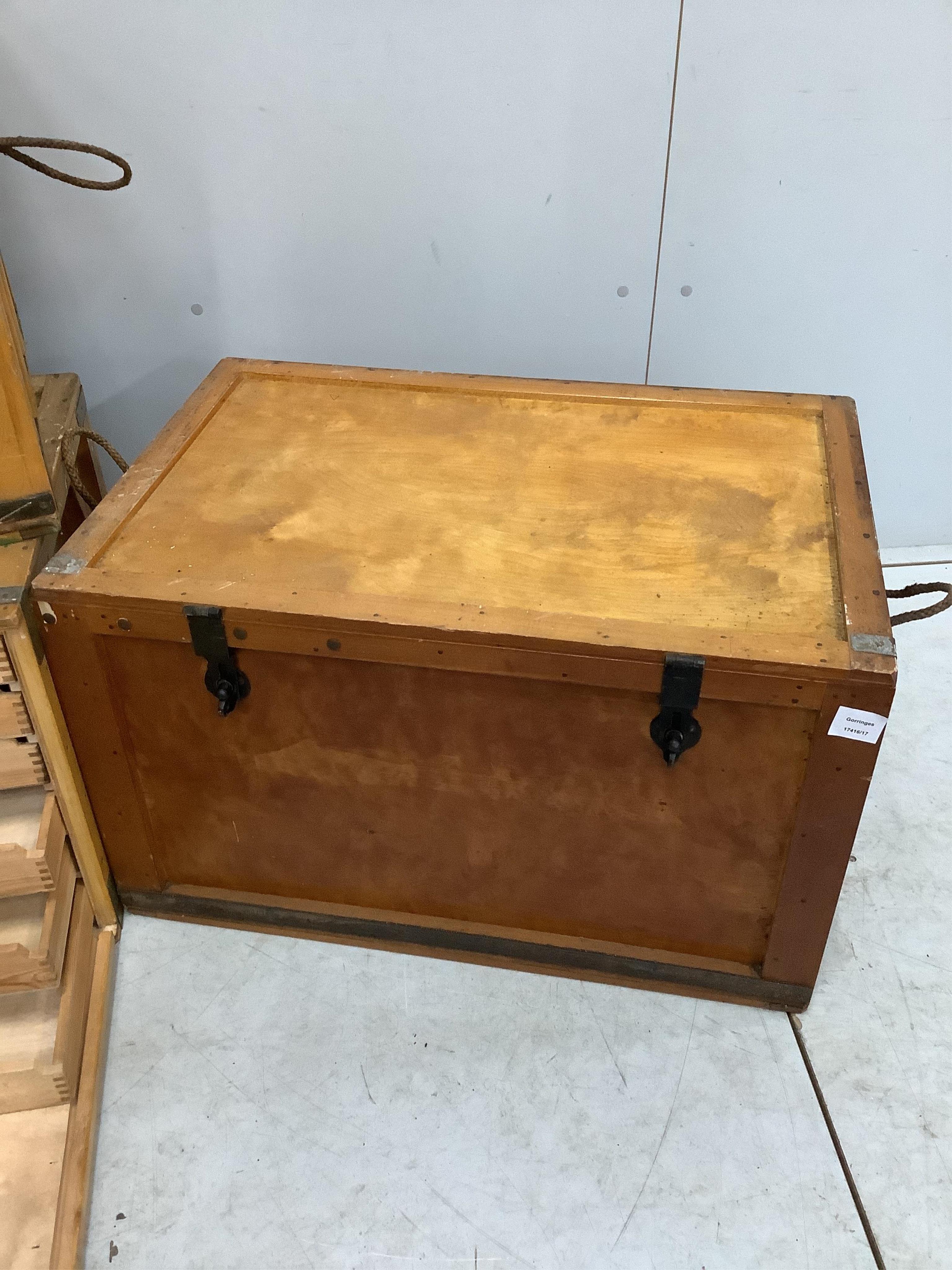 Four vintage Venesta storage trunks, width 76cm, depth 50cm, height 46cm., Provenance - Harrison Zoological Museum, Bowerwood House in Sevenoaks., Condition - fair